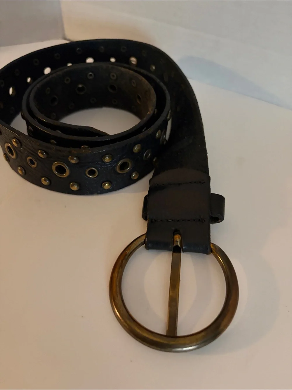 Studded Black Leather Belt with Antique Brass Buckle - for men or women